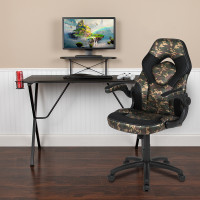 Flash Furniture BLN-X10RSG1031-CAM-GG Black Gaming Desk and Camouflage/Black Racing Chair Set with Cup Holder, Headphone Hook, and Monitor/Smartphone Stand